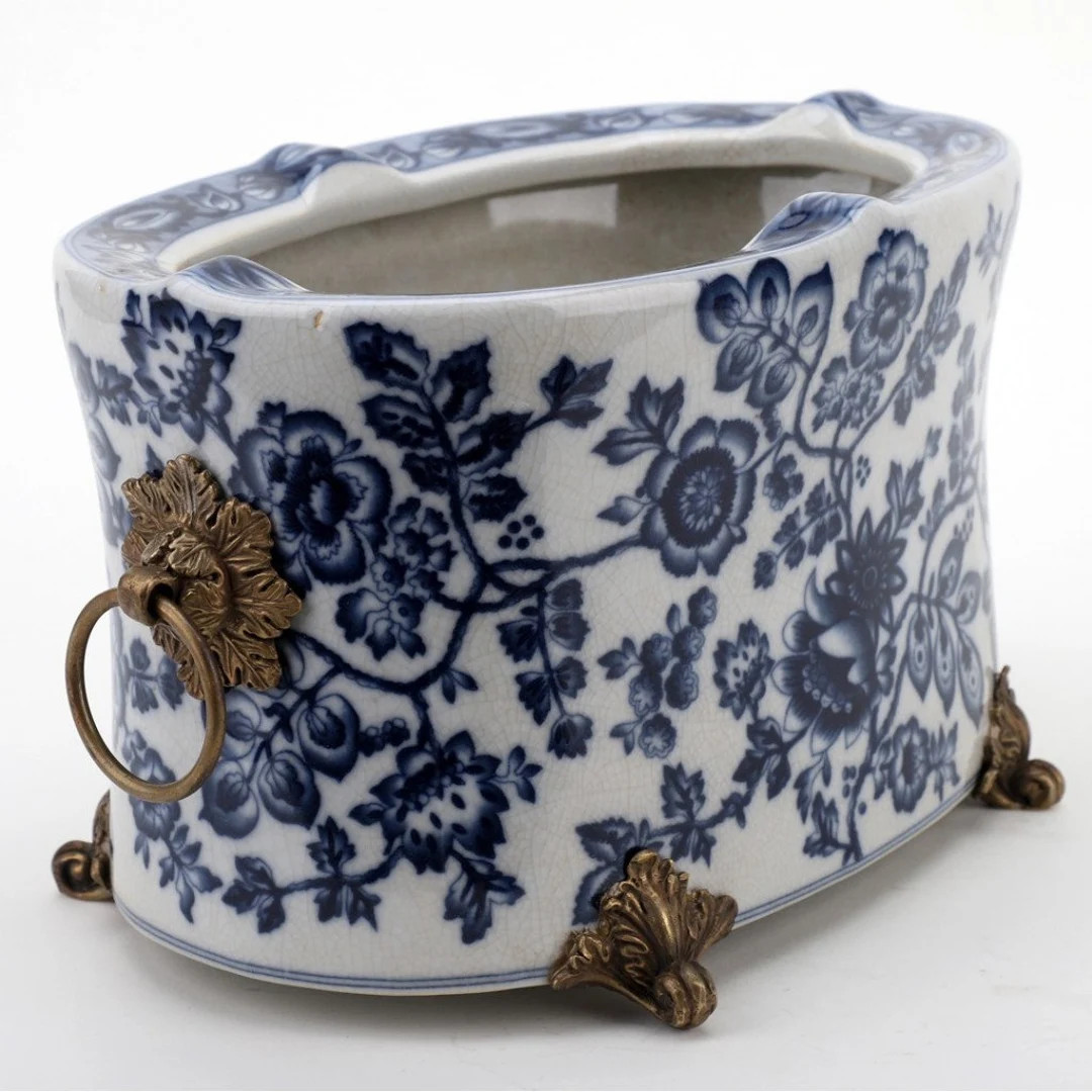 Porcelain Blue/White Oval Planter with Bronze Ormolu Accents | Etsy (US)