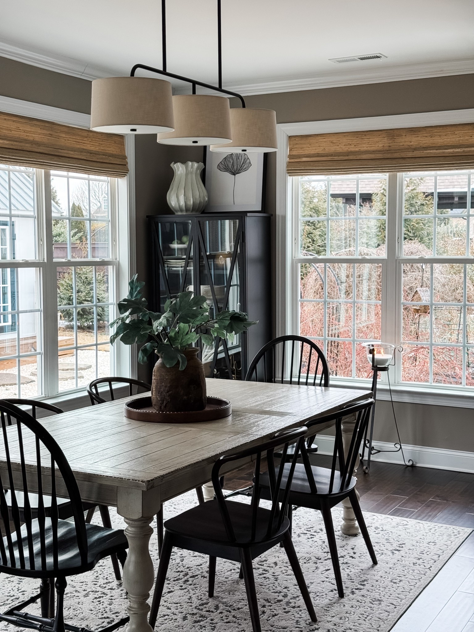 Dining Room Moments!! 

Dining chairs, linear chandelier, vintage wood vase, wood tray, area rug, faux fig stems, cream vase, iron and glass candleholder, sand candle