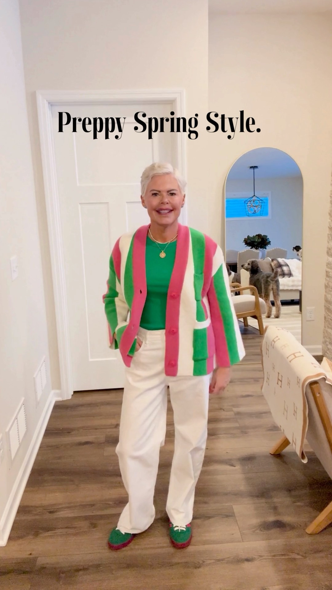 Preppy Spring Outfit Idea: This pink, green & white striped cardigan from Amazon is so adorable! I've added white jeans, a green tank top and Gucci/Adidas collab sneakers. 

 #LTKootd #LTKmomlife #LTKOver40