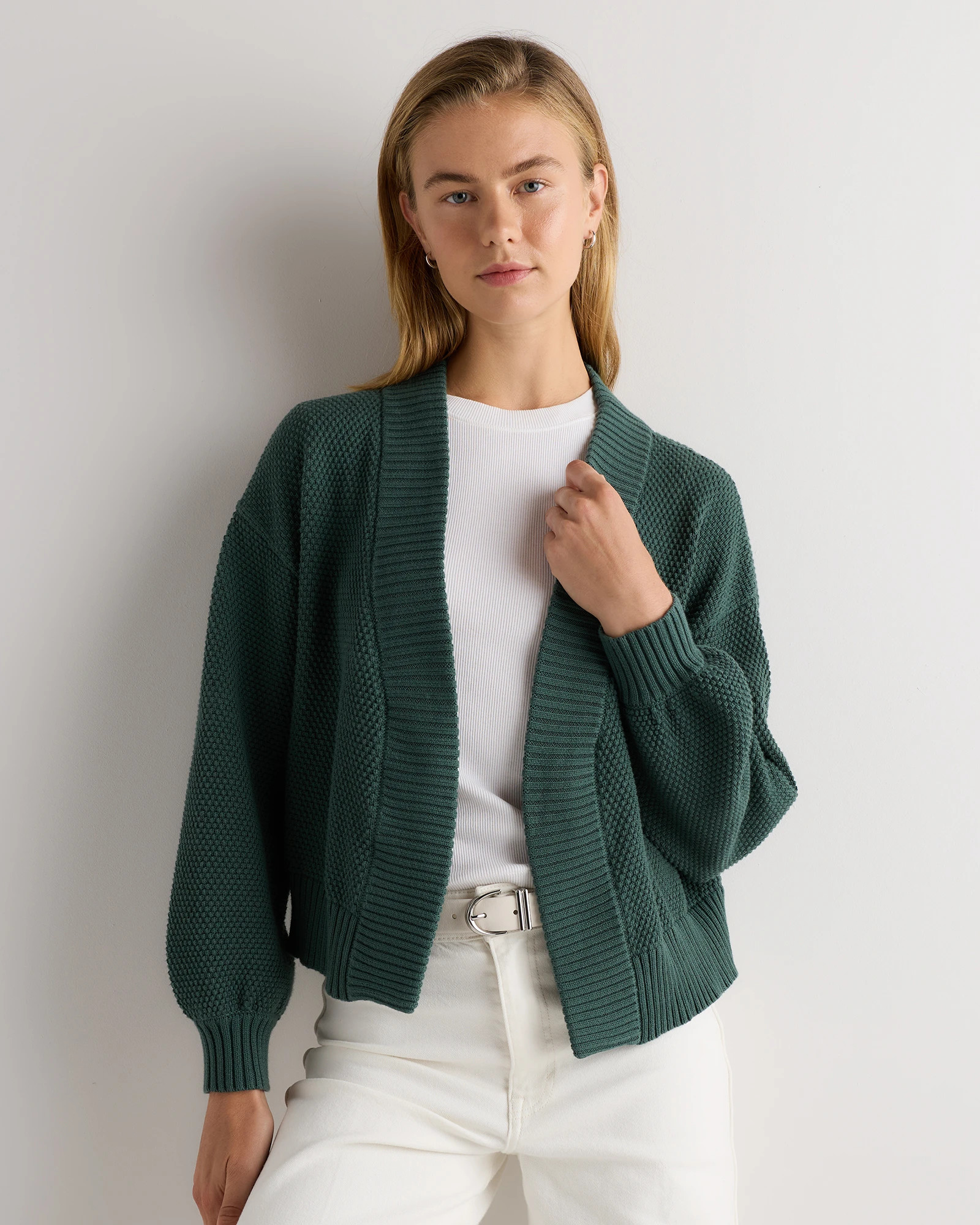 Quince | Women's Waffle Stitch Open Cardigan Sweater in Ivory, Size Small, Organic Cotton | Quince
