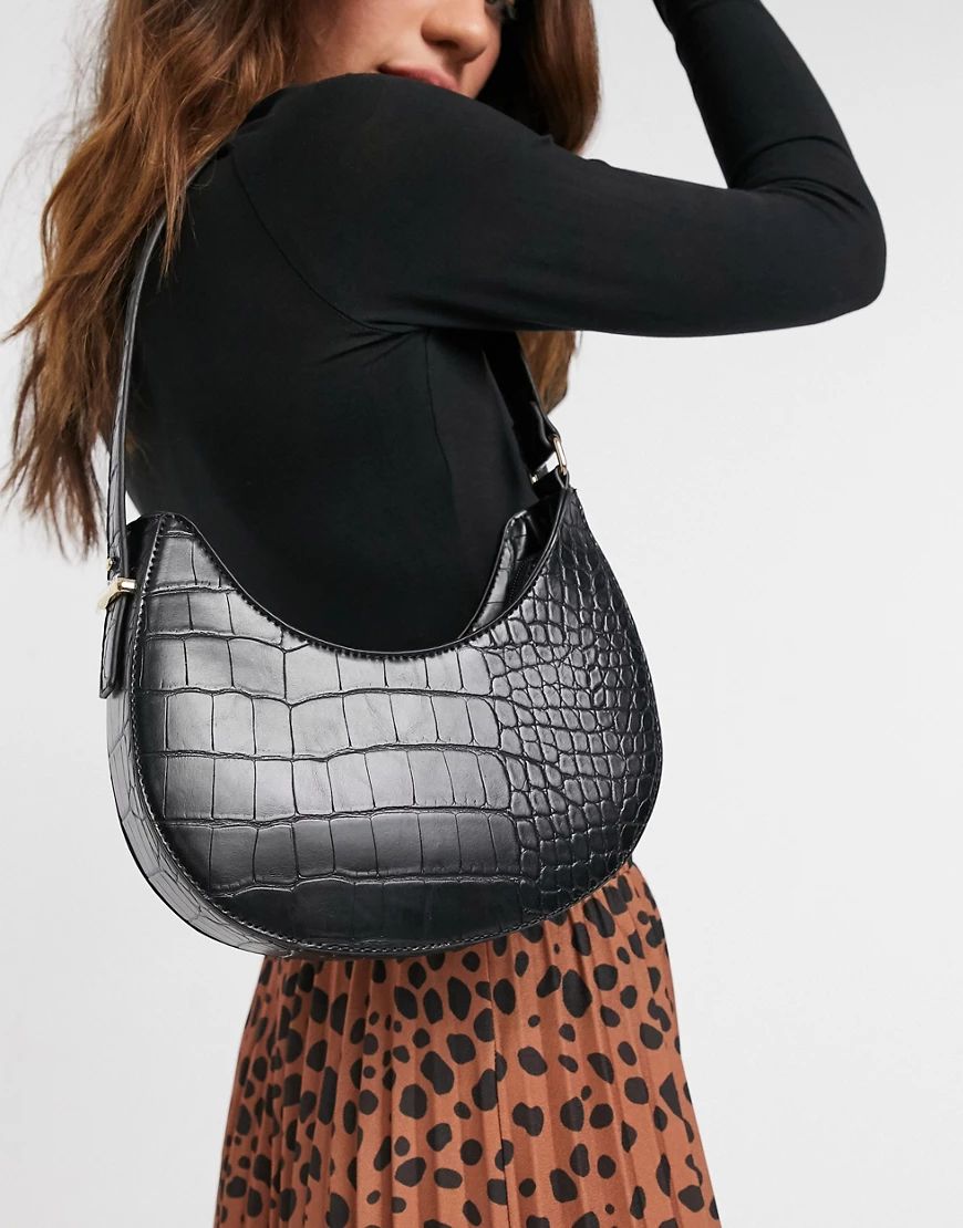 ASOS DESIGN curved shoulder bag in black croc with long strap | ASOS (Global)