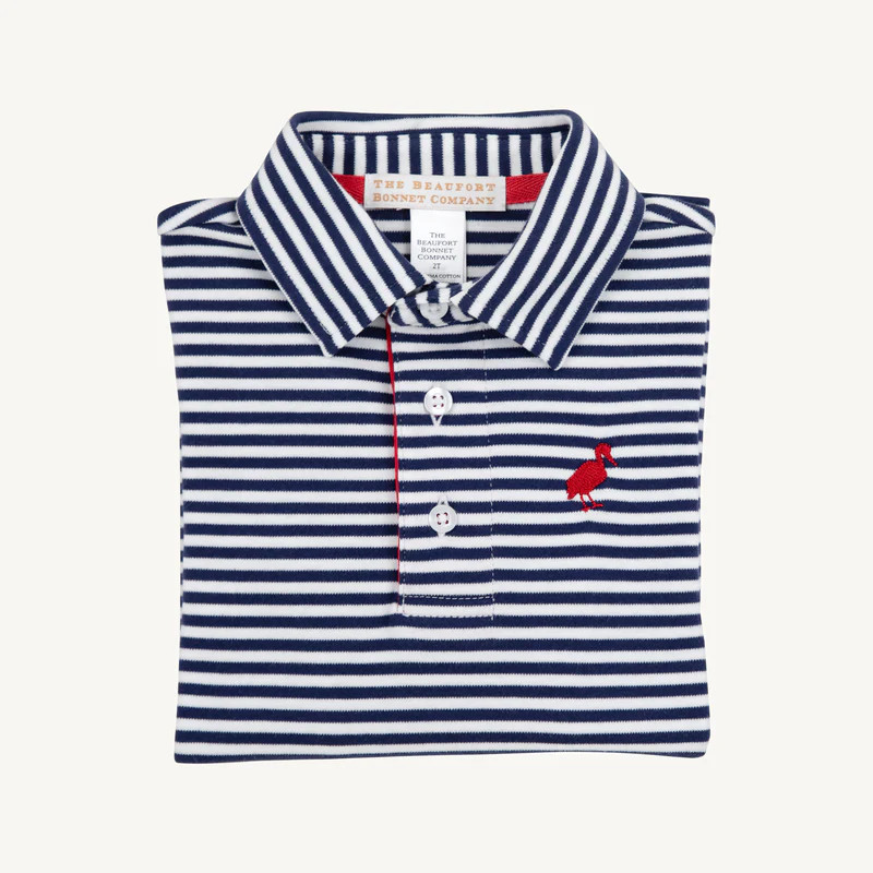 Long Sleeve Prim & Proper Polo & Onesie - Nantucket Navy Stripe with R | The Beaufort Bonnet Company