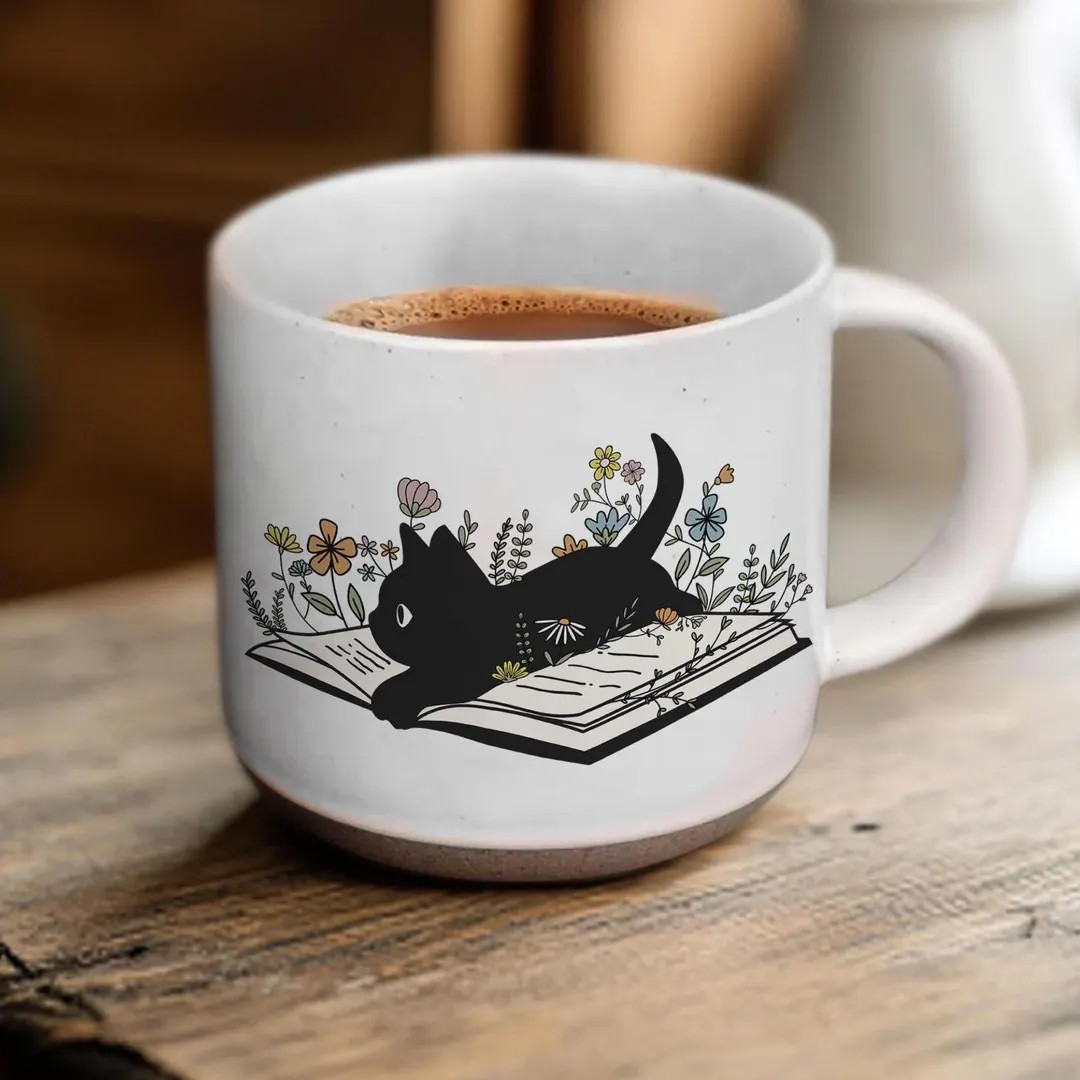 Cat Book Pottery Mug, Boho Flower Cat and Book Mug, Book Lover Gift, Cat Lover Gift, Cat Mom Coff... | Etsy (US)