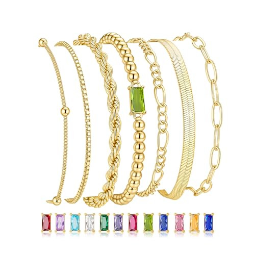M MOOHAM Mothers Day Gifts - Gold Birthstone Bracelets Stack for Women - 14K Real Gold Plated Bea... | Amazon (US)