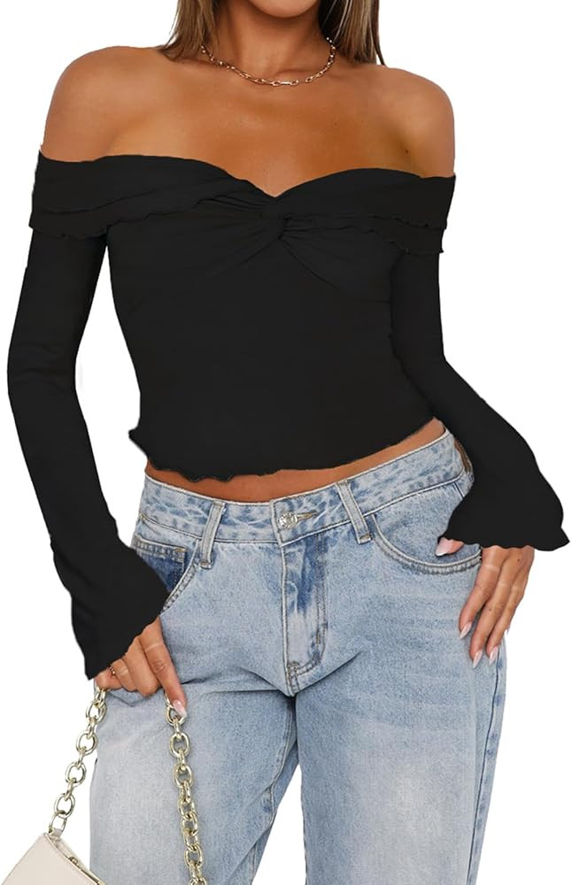 Off The Shoulder Tops for Women Long Sleeve Crop Blouses Twist Front Lettuce Trim Y2K Going Out S... | Amazon (US)