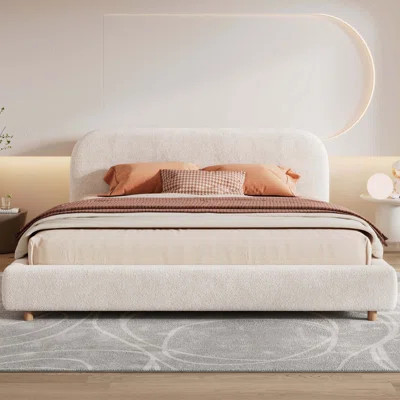 King Size Platform Bed with Boucle Fabric, Boucle Fabric Upholstered Platform Bed with Curve-Shaped Design Headboard, White, Easy Assembly | Wayfair North America