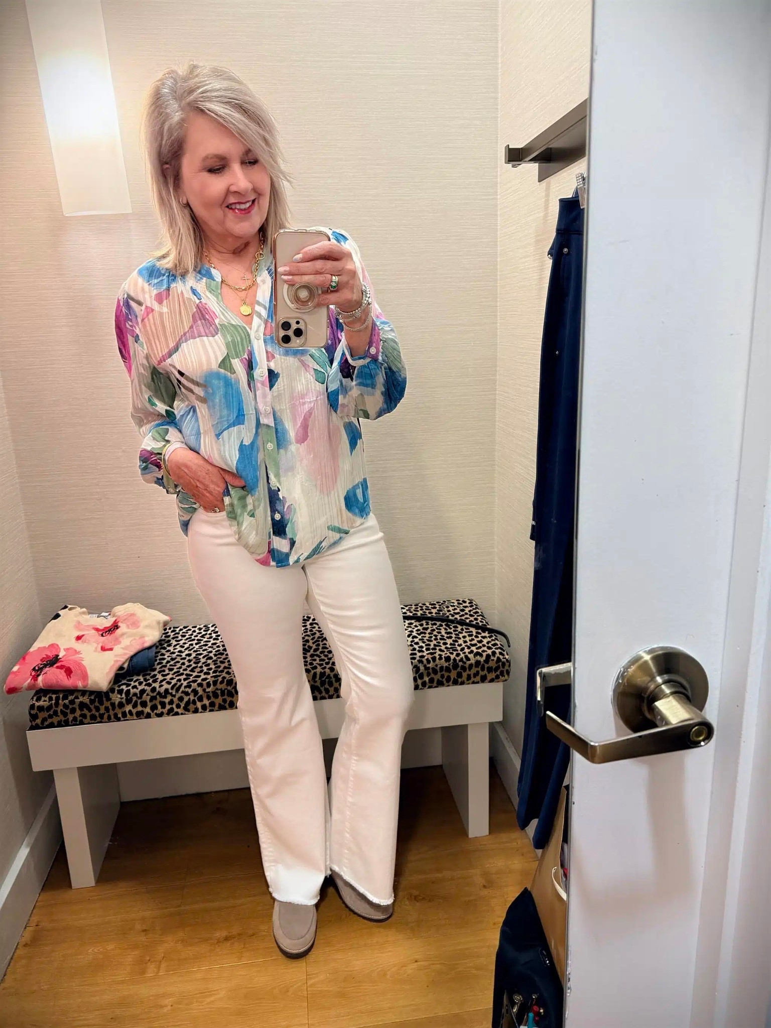 Chico’s new arrivals! My printed blouse is perfect for Spring and I’m wearing a size 1. My white flare jeans are a size .5 and will go with just about anything for Spring! 

#LTKOver40 #LTKWorkwear #LTKootd