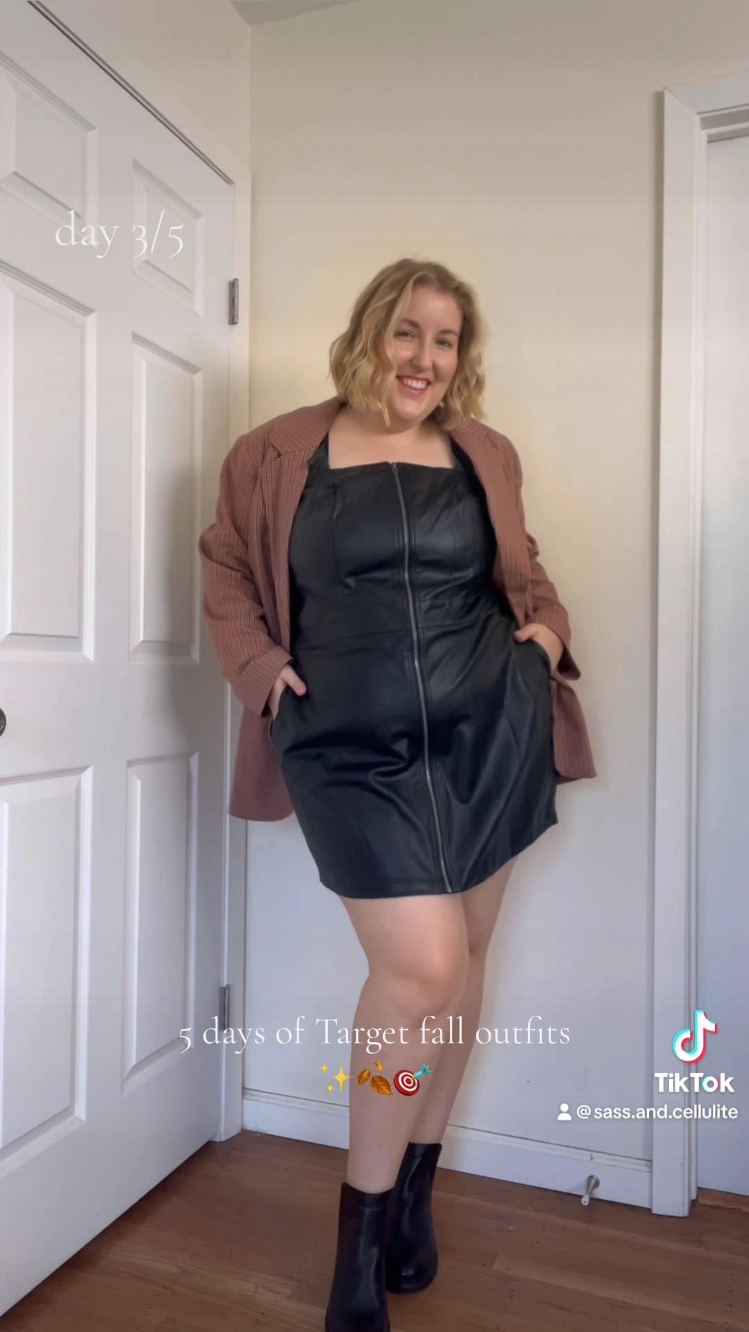 Day 3/5✨🍂🎯 
5 days of Target fall outfits and I’m in love with this black leather mini dress🖤 Wearing XXL in the dress and blazer! 

#LTKsalealert #LTKstyletip #LTKplussize
