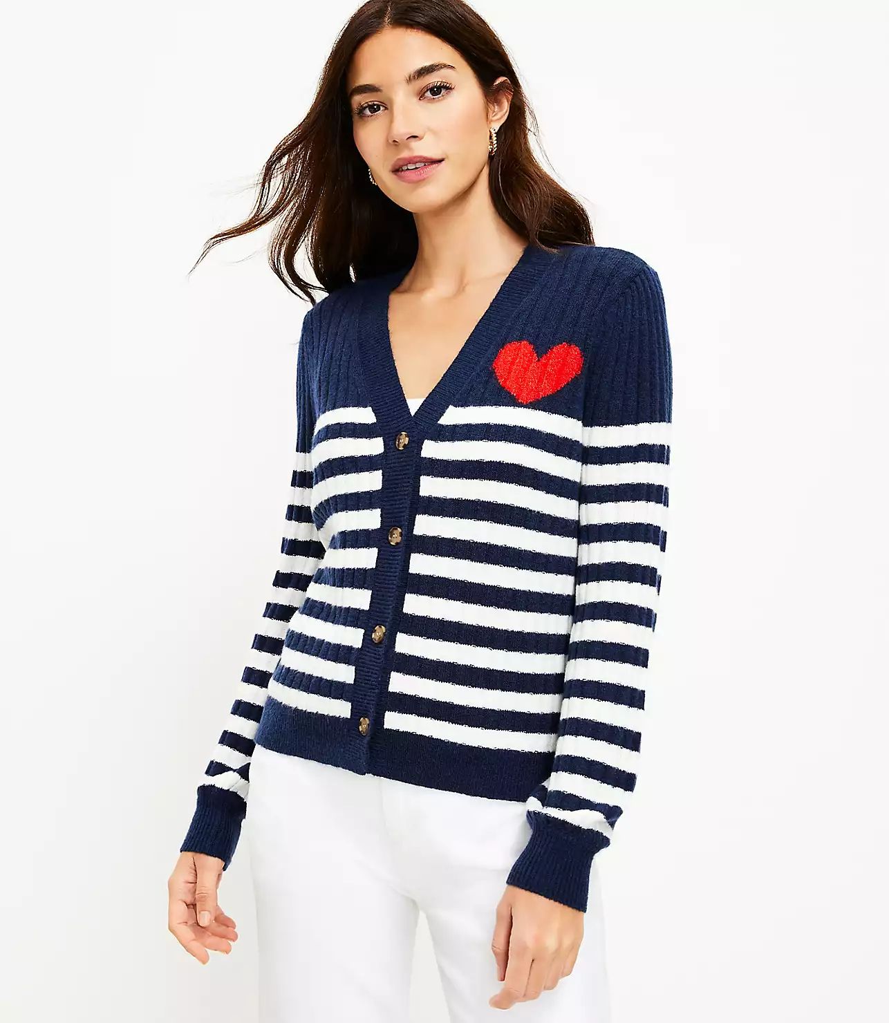 Heart Puff Sleeve V-Neck Cardigan | LOFT