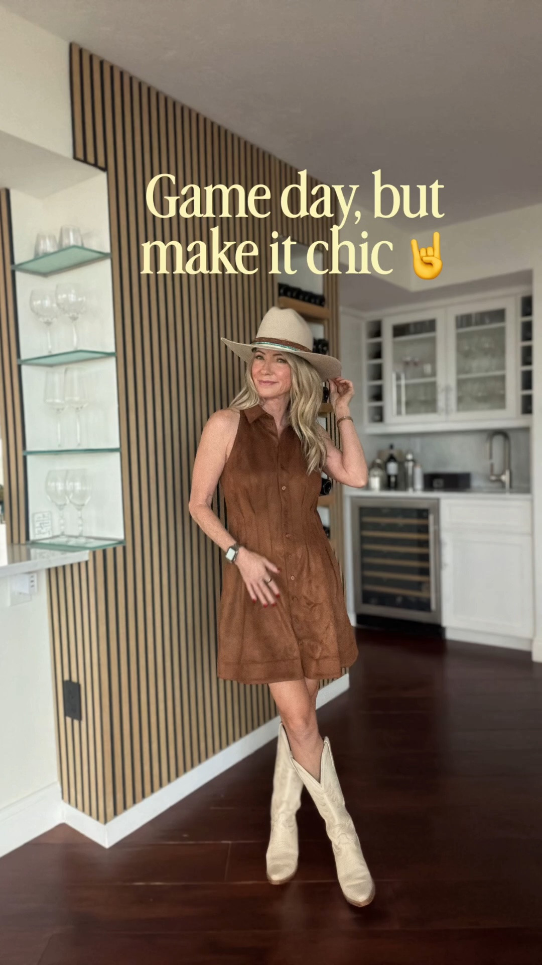 Wearing for a night out or Game day, but make it chic 🤘🤎 This rich brown mini dress paired with cowboy boots and a western hat is such a fun alternative to the usual game-day look. Perfect for my UT girls who want to show a little Texas spirit while still keeping it elevated. Linking the full look! #LTKStyle #GameDayStyle #TexasStyle