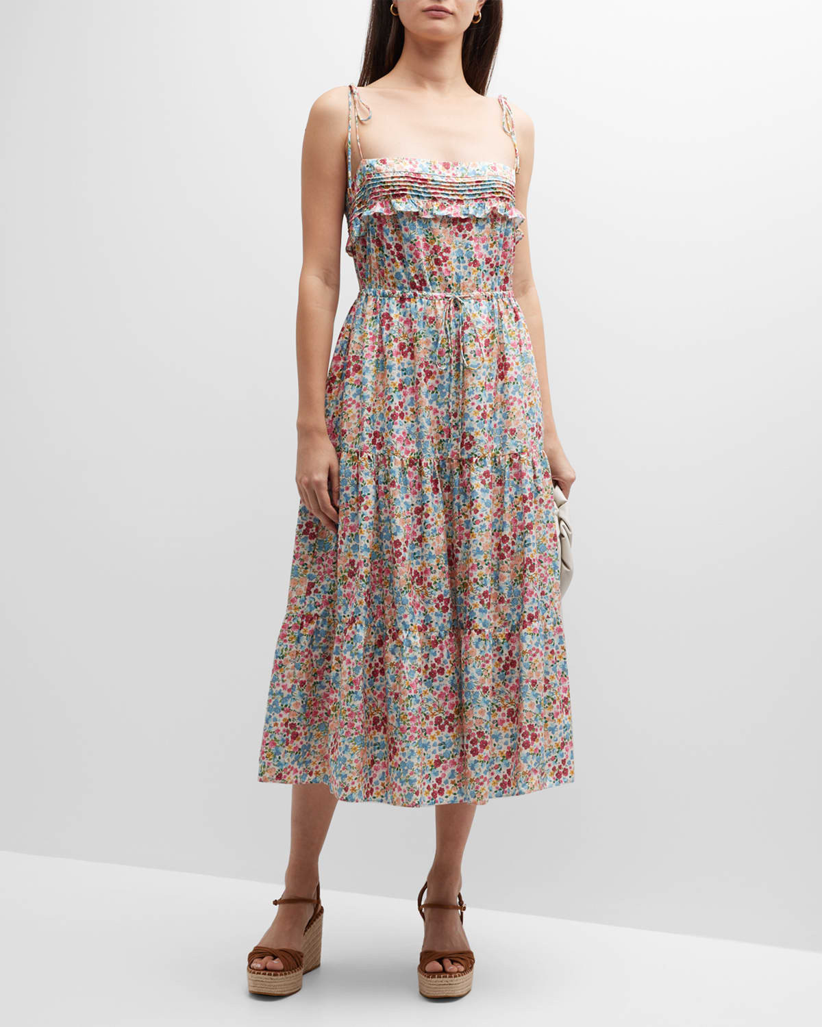 Floral-Print Tie-Shoulder Midi Dress | Neiman Marcus