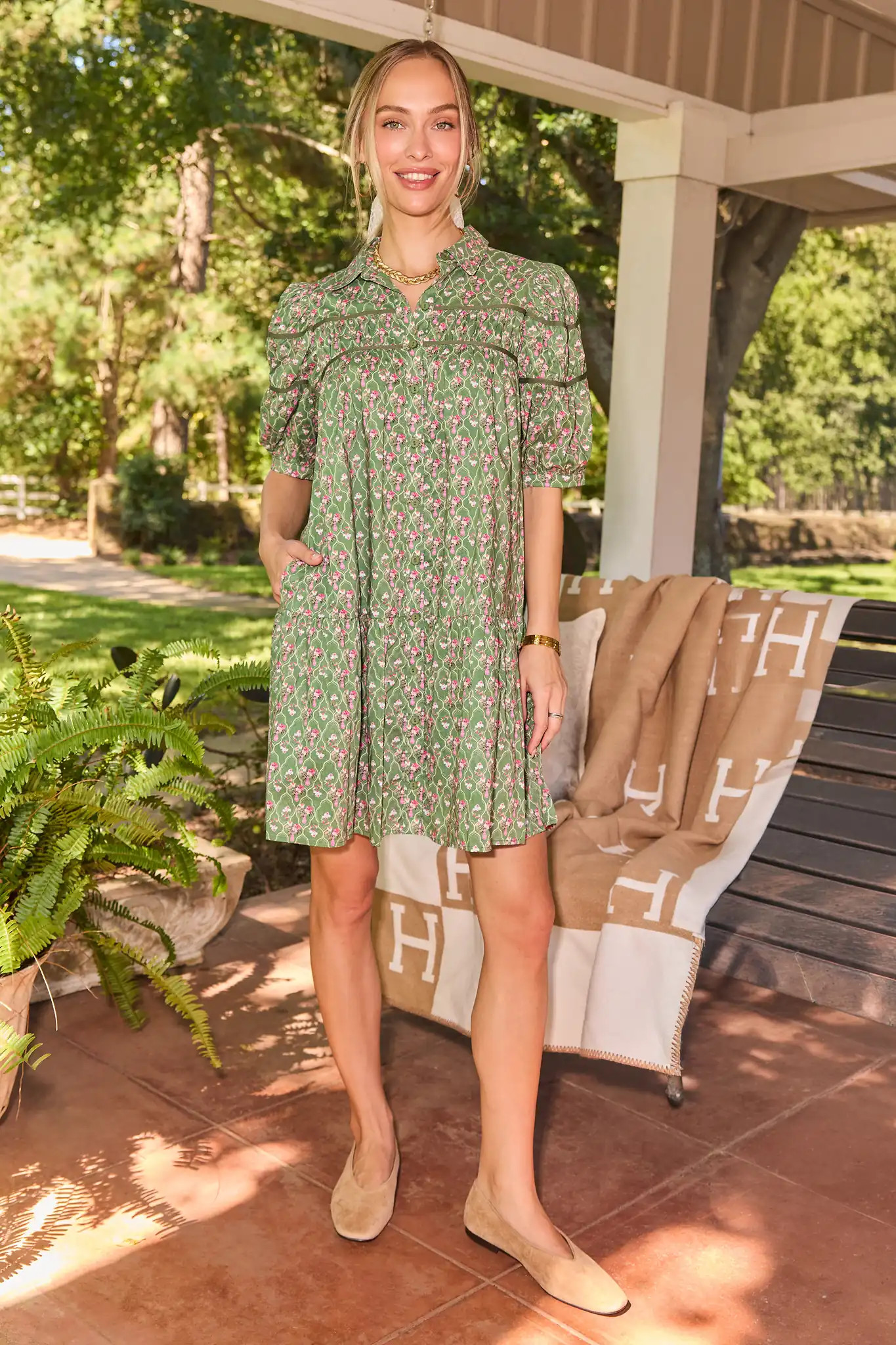 Green Floral Drop Waist Short Dress | Avara