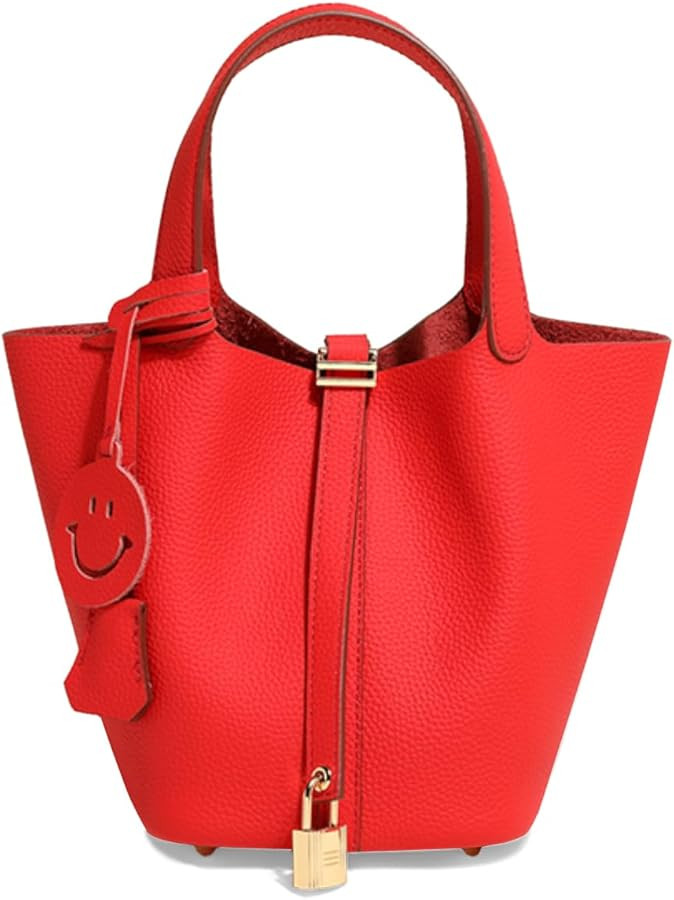 Genuine Leather Handbags for Women Bucket Bags Fashionable Lock Buckle Design The Leather Tote Ba... | Amazon (US)