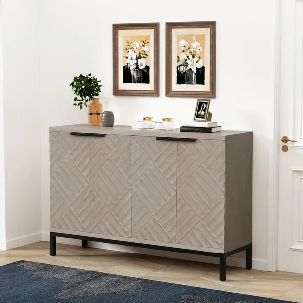 HLRHLR Accent Cabinet with Doors, 3D Pattern Farmhouse Style 4-Door Sideboard Cabinet, 47 inches ... | Walmart (US)