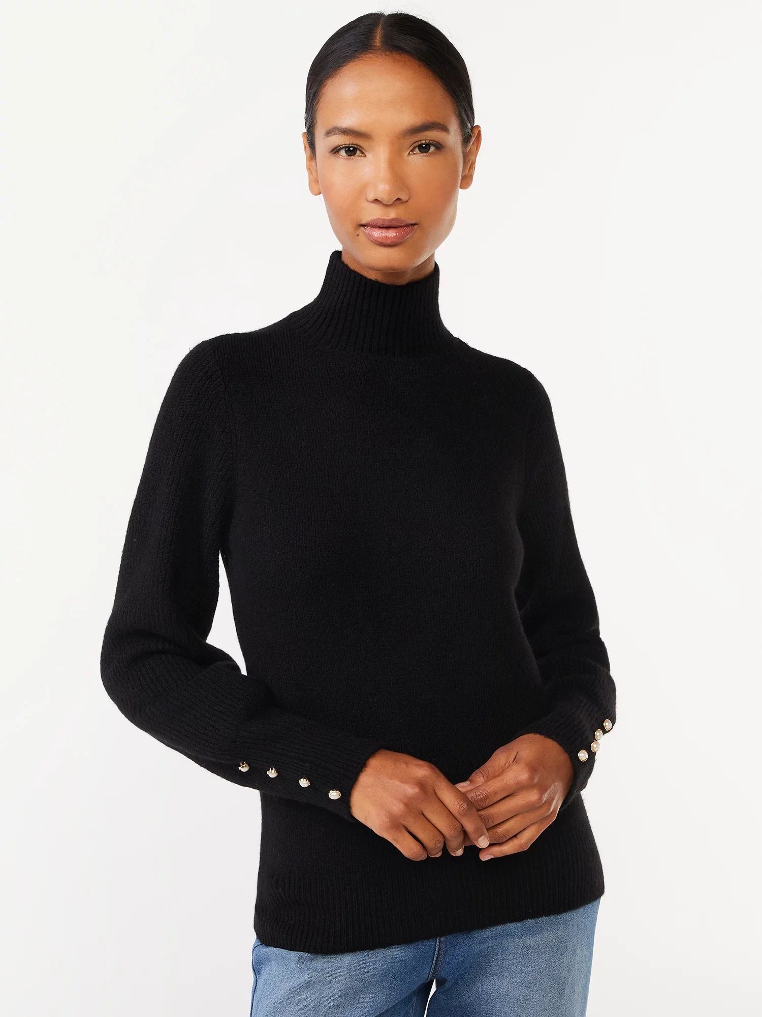 Scoop Women's Long Sleeve Turtleneck Sweater with Button Cuffs, Sizes XS-XXL | Walmart (US)