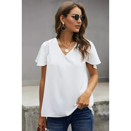Women s White V-Neck Flutter Short Sleeve Blouse | Walmart (US)