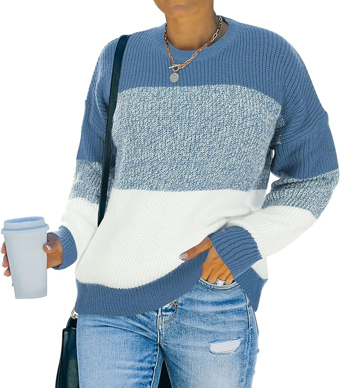 PRETTYGARDEN Women's Knit Sweater Long Sleeve Crewneck Color Block Fall Cute Pullover Sweaters | Amazon (US)