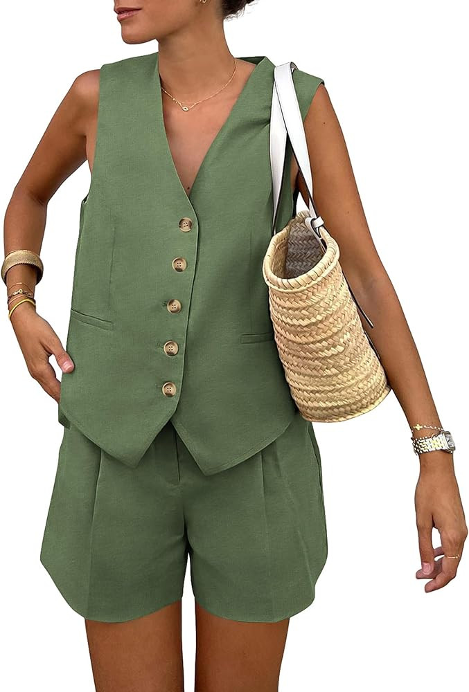 PRETTYGARDEN Women's Summer 2 Piece Outfits Sleeveless Matching Sets Button Down V Neck Vest Wais... | Amazon (US)