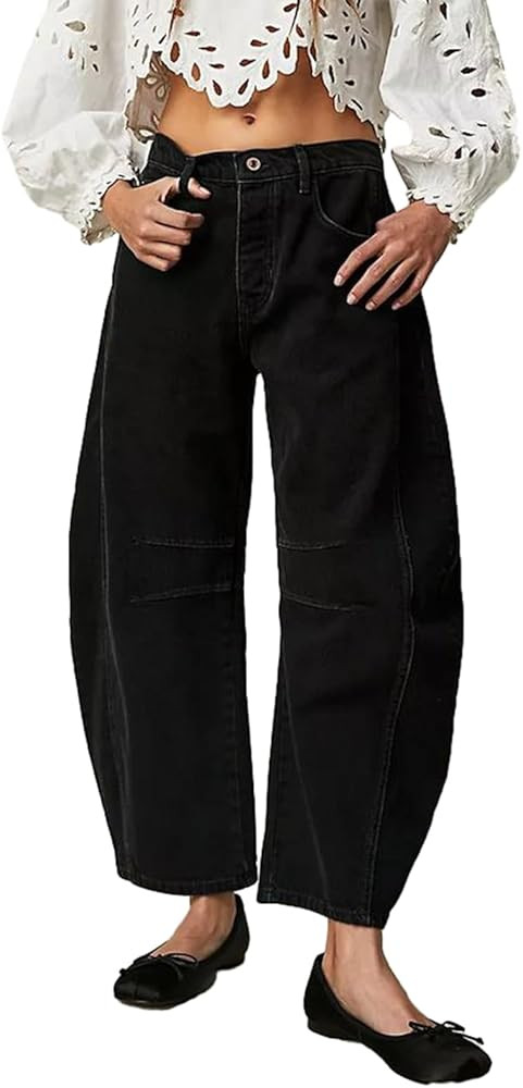 VILAGRAH Womens Casual Balloon Pants Wide Leg Mid Waist Cropped Denim Pants Y2k Loose Barrel Bagg... | Amazon (US)