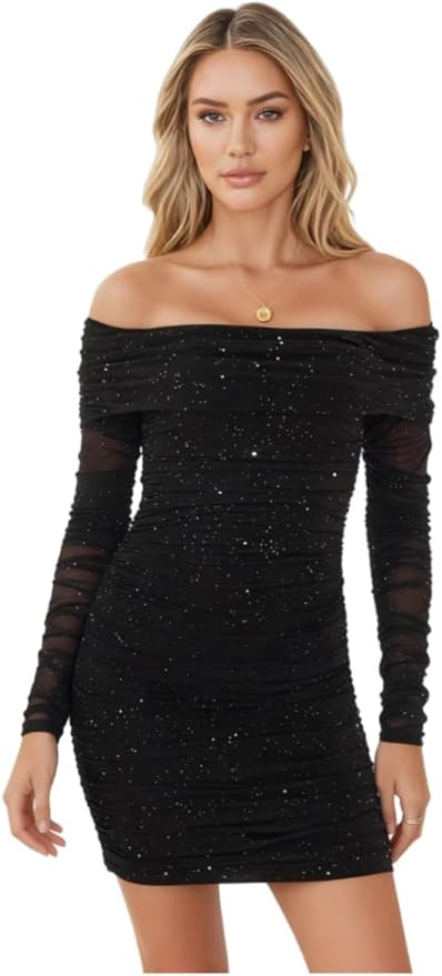 Women’s Sexy Sequin Mesh Off Shoulder Long Sleeve Ruched Mini Bodycon Dress Glitter Silver Spec... | Amazon (US)