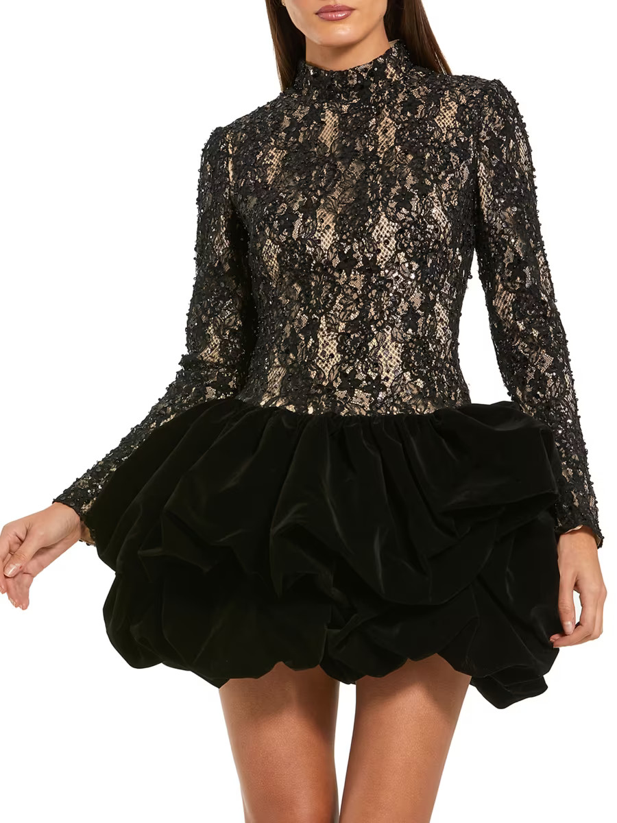 Sequined Lace & Velvet Bubble-Hem Minidress | Saks Fifth Avenue