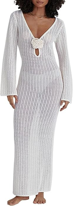 Leoparts Women's Knitted Swimsuit Cover Up 3D Floral Hollow Out Open Back Tie-Up Maxi Dress Beach... | Amazon (CA)