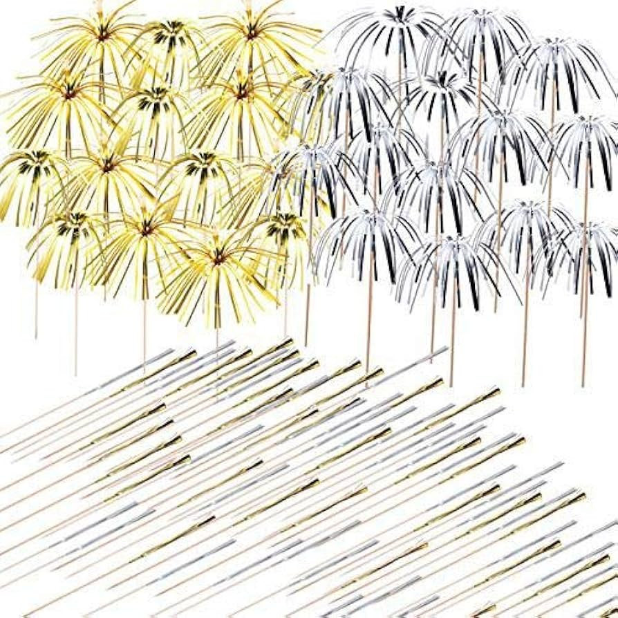 Seasonsky 200 PCS Cocktail Picks Firework Party Picks, 23CM Golden Silver Firework Cake Toppers, ... | Amazon (US)