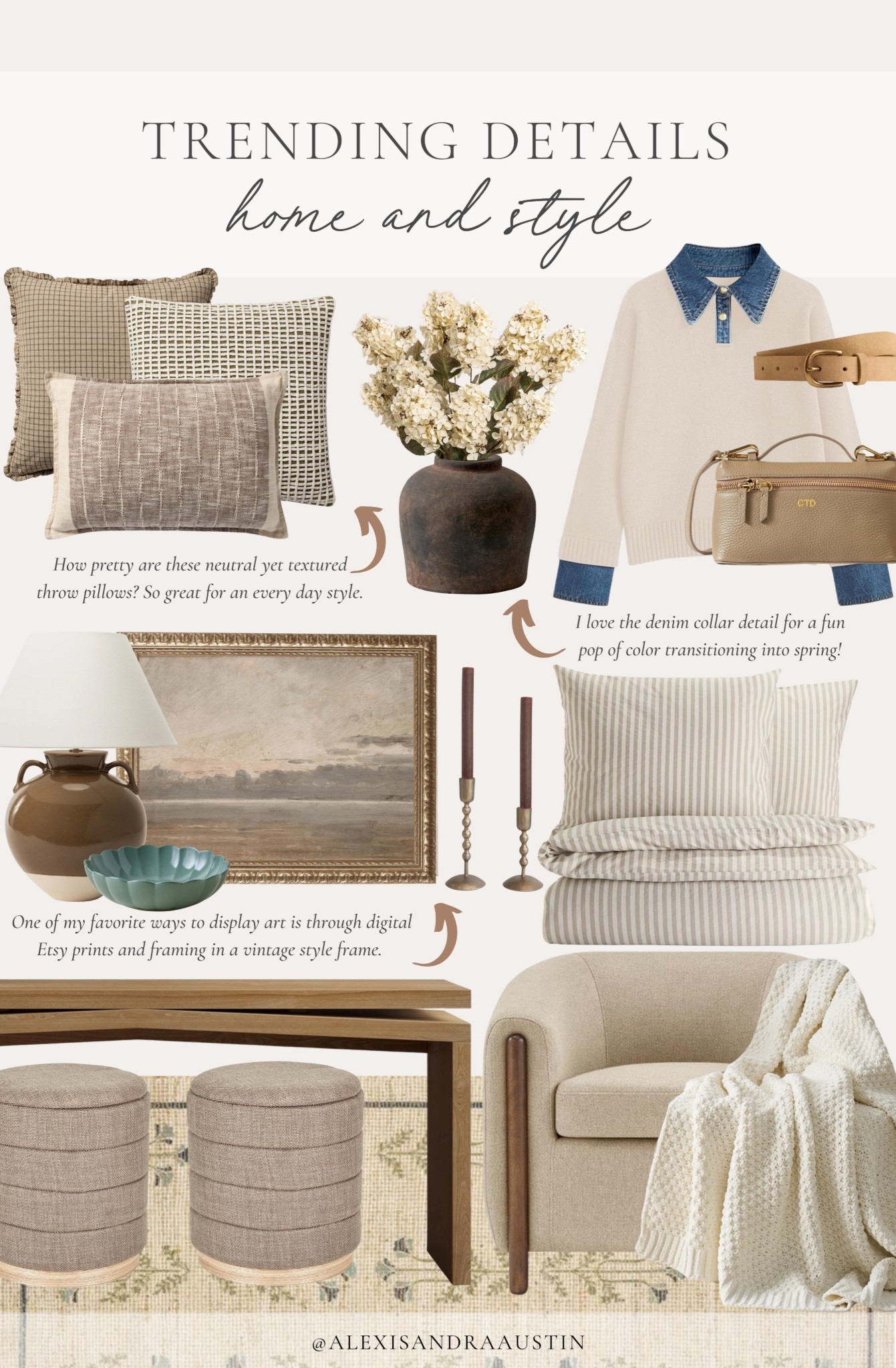 Trending home and style details! Love these fresh finds for around the home plus a pop of color to transition into the spring season!

Home finds, neutral home inspo, collected style, furniture favorites, accent chair, cozy throw blanket, textured throw pillow, striped duvet cover, brass detail, console table, ottoman favorites, faux florals, vase details, digital art, spring fashion, taupe candle, found it on Amazon, Wayfair, Loloi, Amber Lewis, Magnolia, Gap, shop the look!

#LTKHome #LTKSeasonal