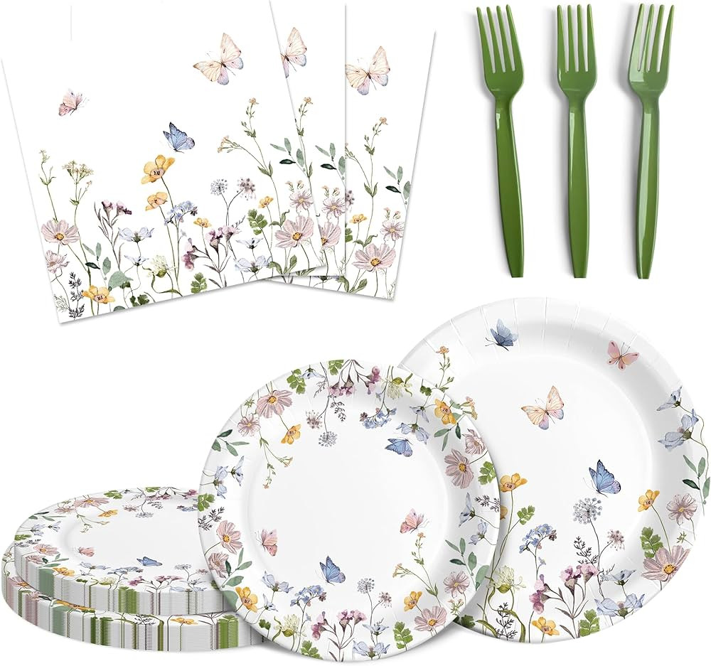 Audree 96 Pcs Wildflower Party Supplies, 24 set Disposable Paper Plates and Napkins for Party Bab... | Amazon (US)