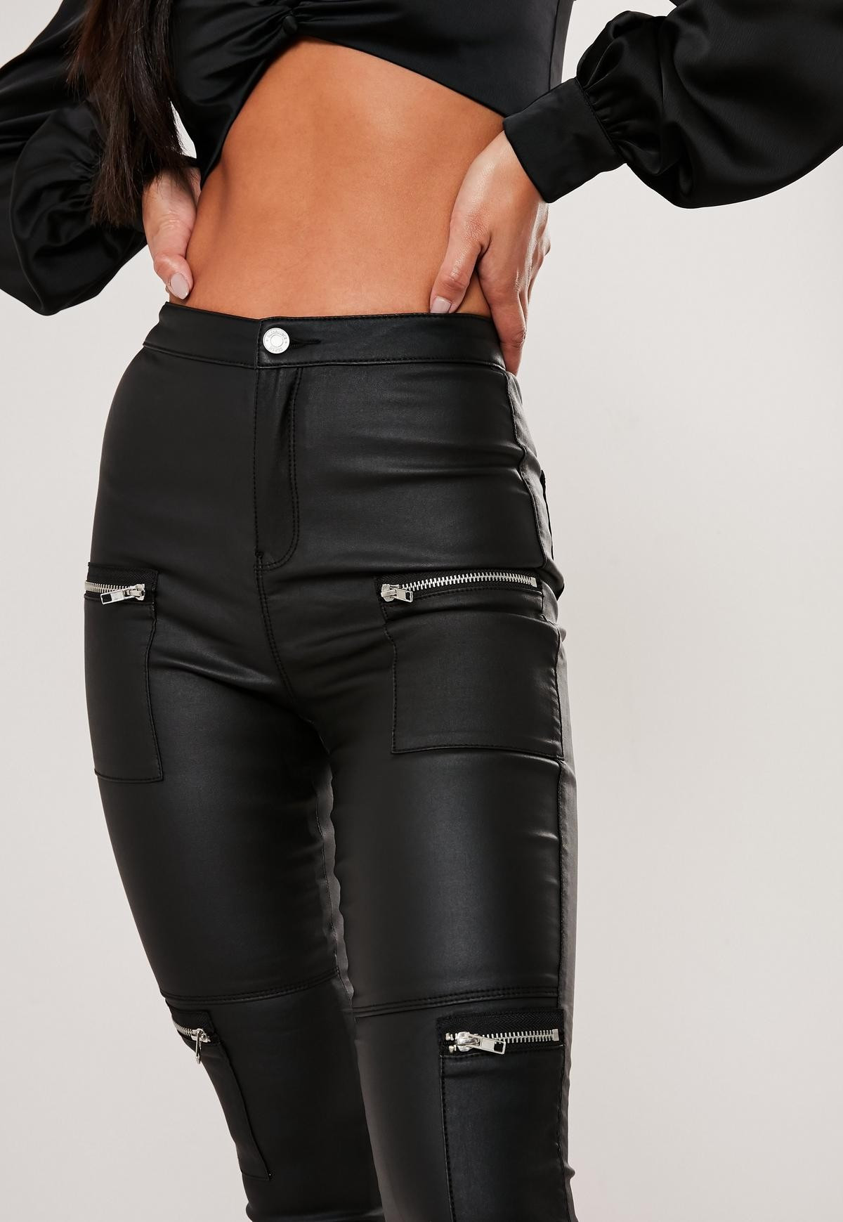 Tall Black Vice High Waisted Coated Zip Pocket Jeans | Missguided (US & CA)