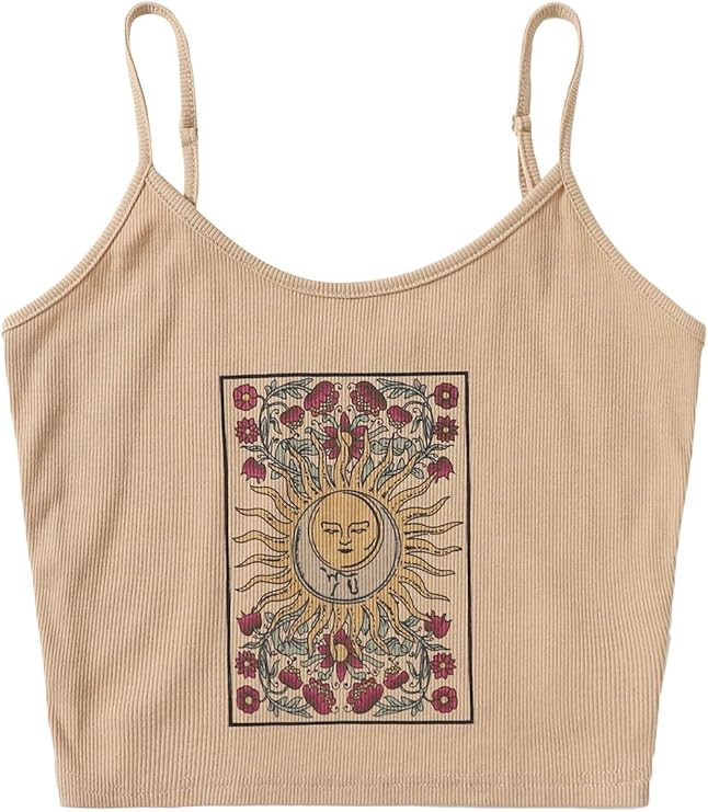 SOLY HUX Women's Spaghetti Strap Floral Sun Graphic Print Ribbed Knit Crop Cami Top | Amazon (US)