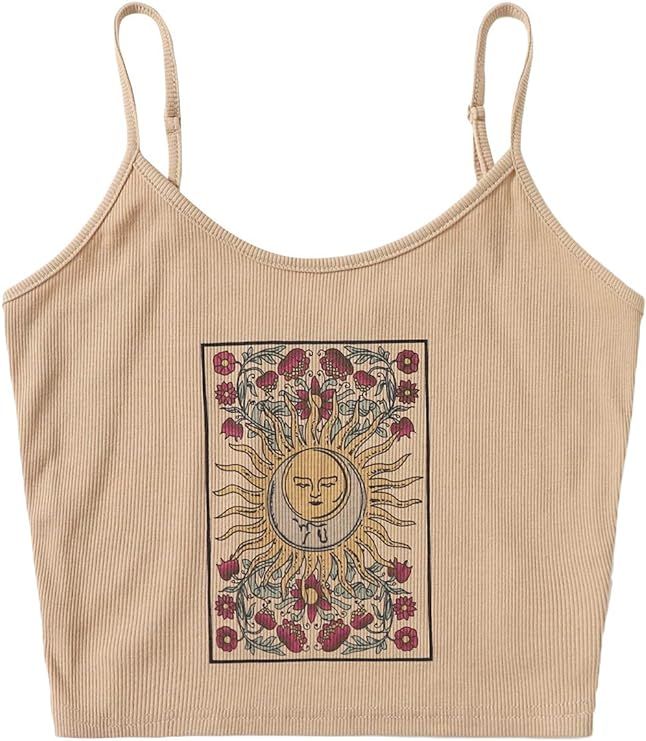 SOLY HUX Women's Spaghetti Strap Floral Sun Graphic Print Ribbed Knit Crop Cami Top | Amazon (US)