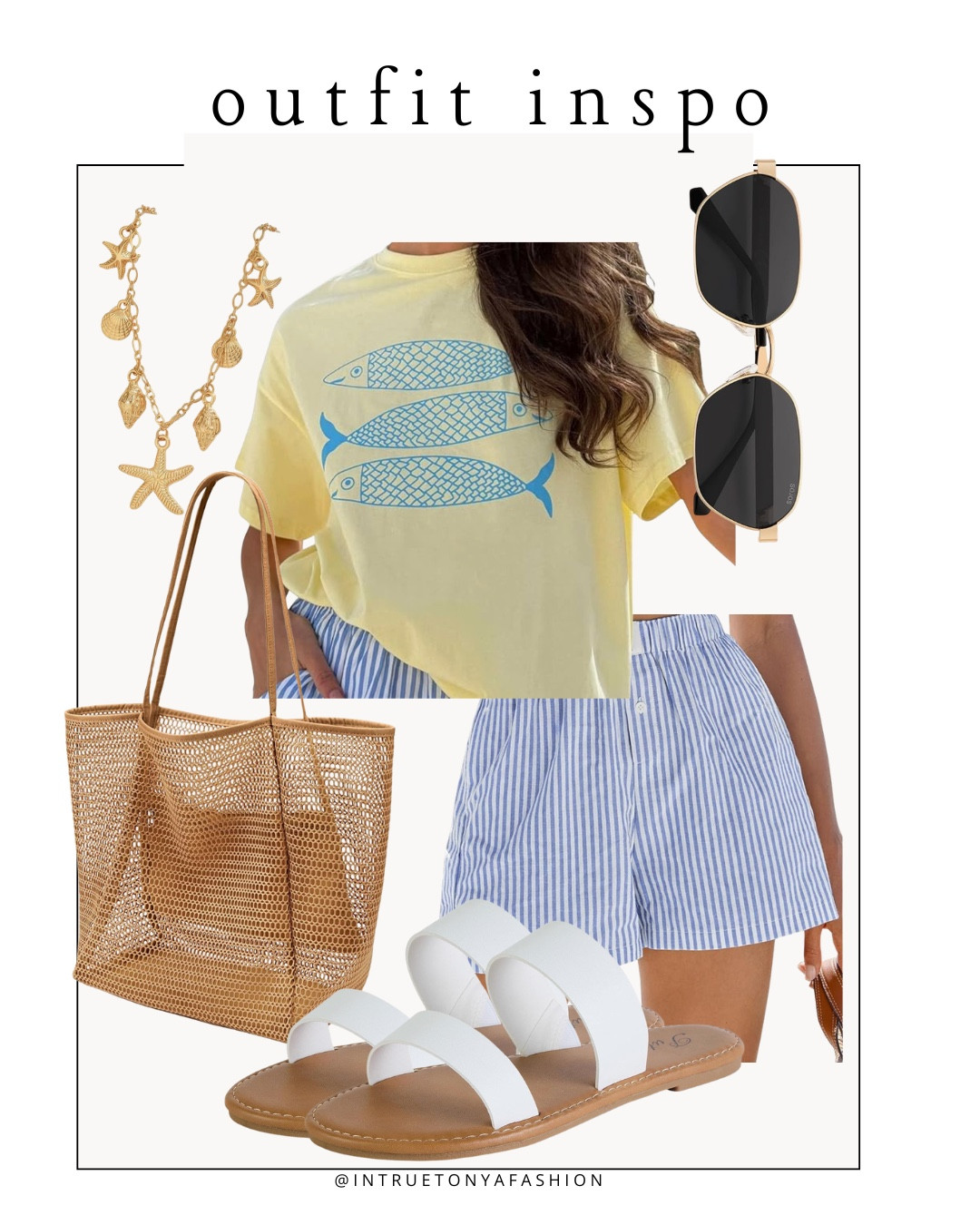 Nautical coastal outfit from Amazon — sardine tee, striped boxer shorts, white sandals, coastal necklace and mesh tote bag




Amazon outfits every outfit inspo, outfit ideas, casual outfits amazon, amazon outfits every day, spring outfits 2026, summer outfits, vacation outfit 

#LTKSeasonal #LTKootd #LTKPetite