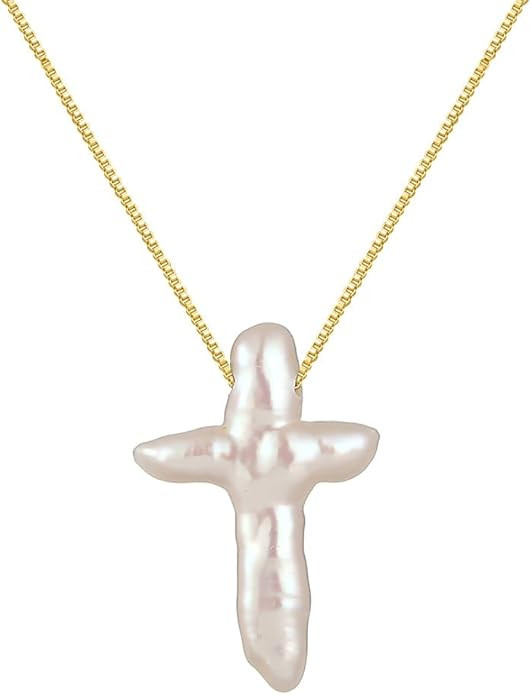 Pearl Cross Necklace for Women Baroque Freshwater Pearl Cross Pendant Necklace Minimalist Jewelry | Amazon (US)