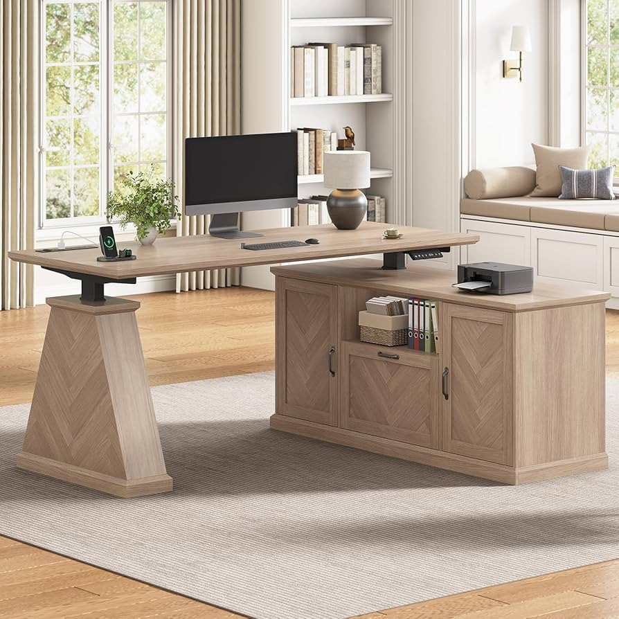 Farmhouse L Shaped Electric Standing Desk with Power Outlet & 2 Storage Cabinets, 55.1" x 47.2" H... | Amazon (US)
