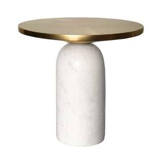 The Urban Port 17 in. Brass and White Round Brass Modern Accent End Table with Cylindrical Marble... | The Home Depot