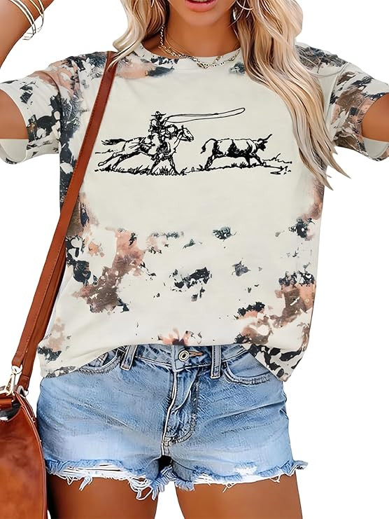 Retro Rodeo Shirt Women Cowgirl Bleached T Shirt Western Cowboy Rodeo Outfit Country Music Tee Sh... | Amazon (US)