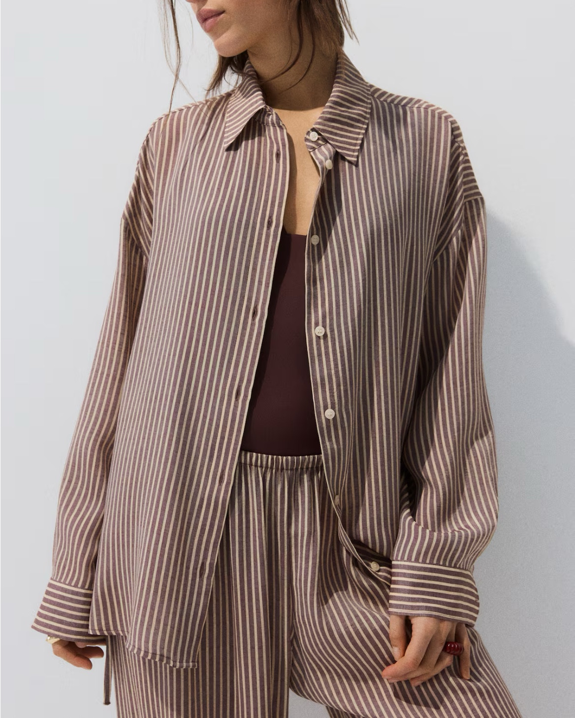 Brown and white striped button up shirt and pants matching set 

#LTKSeasonal #LTKFindsUnder50