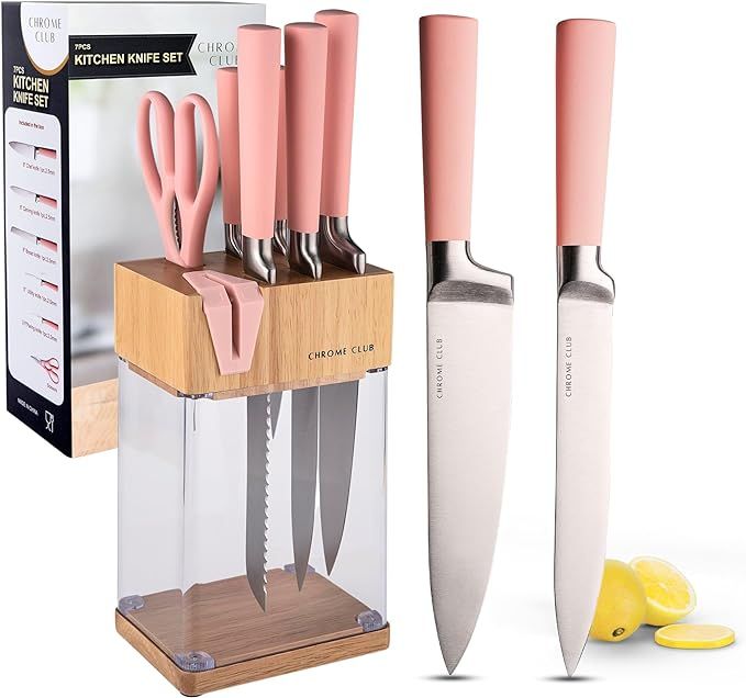 Stainless Steel Pink Knife Set with Block - 7 Piece Pink Kitchen Knife Set with Durable Clear Kni... | Amazon (US)