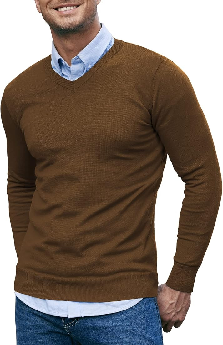 COOFANDY Men Casual V Neck Sweater Ribbed Knit Slim Fit Long Sleeve Pullover Top | Amazon (US)