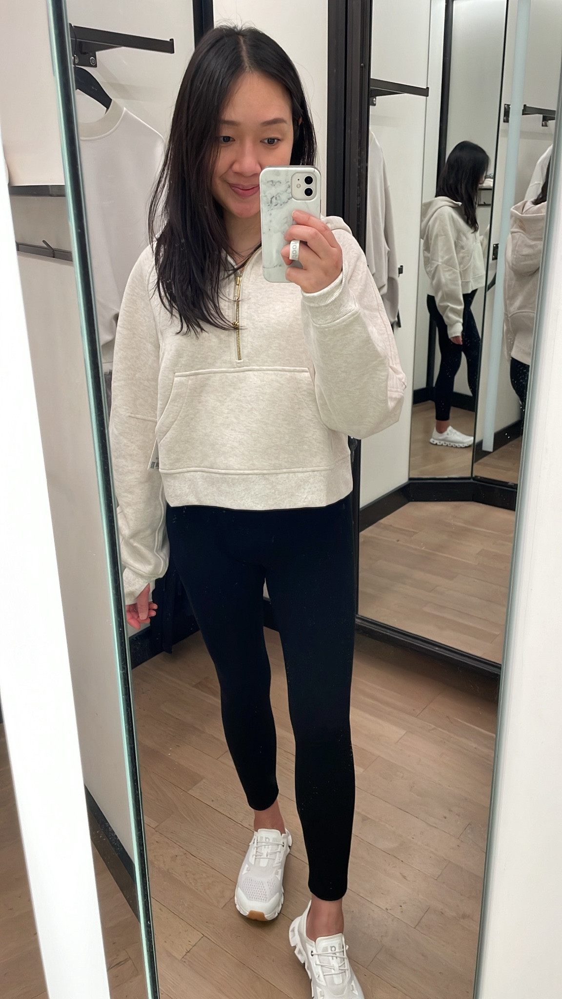 Scuba oversized half zip hoodie. Size XS/S is a relaxed fit on me. Shown in the heathered bone with gold zipper colorway. I'm 5' 2.5" and 115 pounds. 

Lululemon fitting room review try-on

#LTKActive #LTKOver40