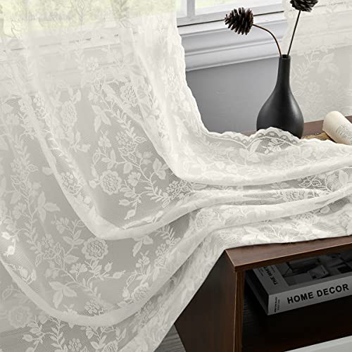FINECITY Lace Curtains for Living Room - Country Branch Leaf Floral Sheer Lace Curtains 96 Inch Length, Scalloped Macrame Cream Lace Panel Curtains for Windows, 52 x 96 Inch, 2 Panels, Ivory/Cream | Amazon (US)