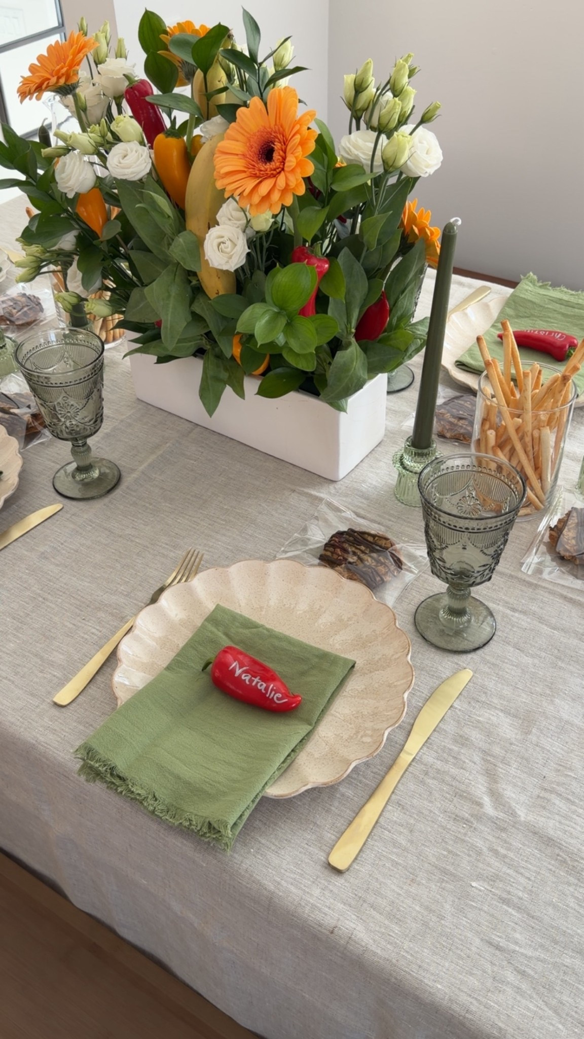 Cookbook club dinner party tablescape 🌶️🍌🫑🧀🥖

#LTKHome #LTKfoodie