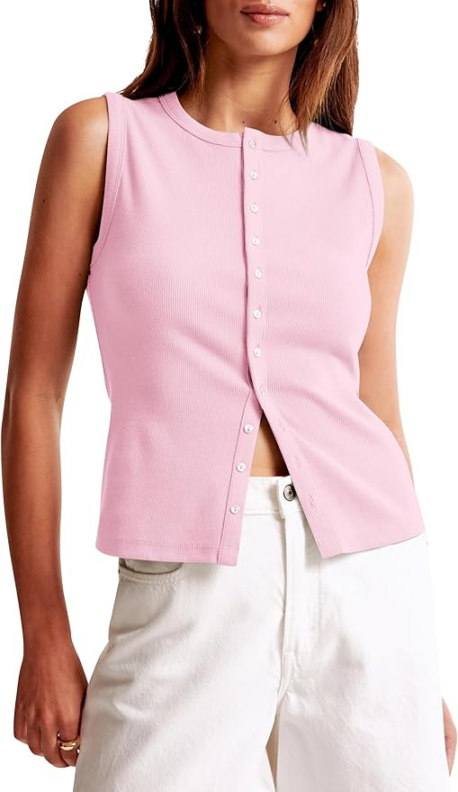 Cioatin Women Ribbed Button Down Tank Tops Sleeveless Crew Neck Slim Fit Open Front Crop Vest Goi... | Amazon (US)