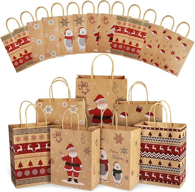 Christmas Gift Bags, 24 PCS Reusable Christmas Treat Bags, Paper Gift Bags with Handles & Christm... | Amazon (US)
