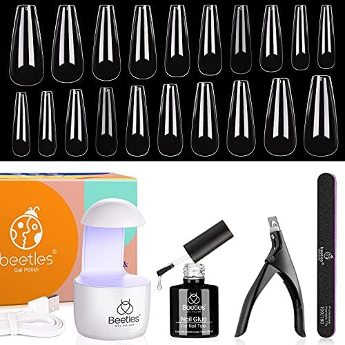 Beetles Coffin Nail Tips Nail Gel Kit, 2 In 1 Nail Gel Base Coat with Long False Nail and U V LED Na | Amazon (US)