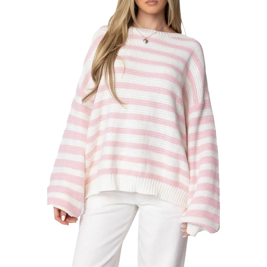 EDIKTED Aerin Oversize Stripe Cotton Sweater in Light-Pink-And-Cream at Nordstrom, Size Medium | Nordstrom