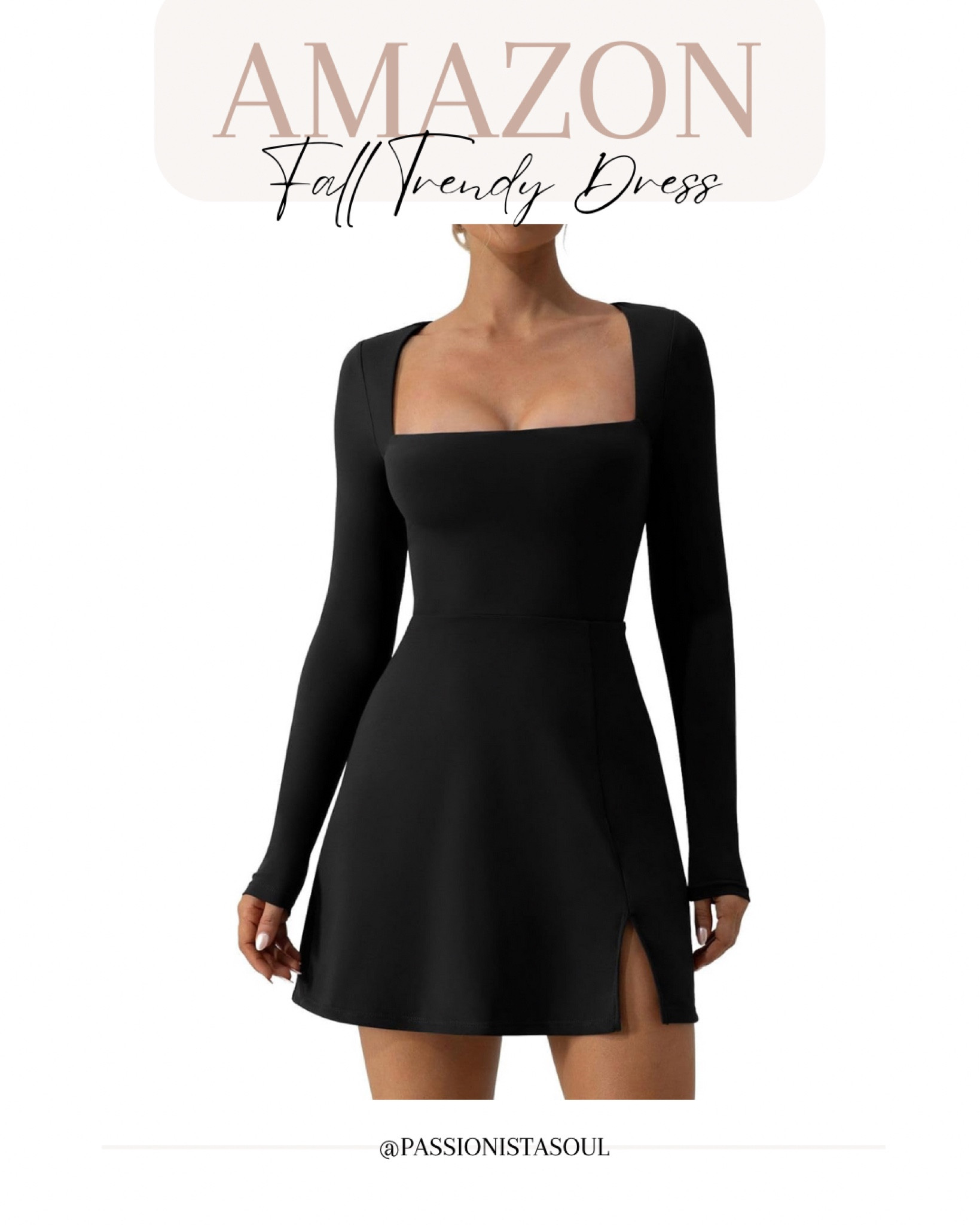 QINSEN Womens Square Neck Bodice Dress Long Sleeve Side Slit Flare Mini Dresses #falldress #blackdress #weddingguestdress #weddingguest 

#LTKstyletip #LTKHolidaySale