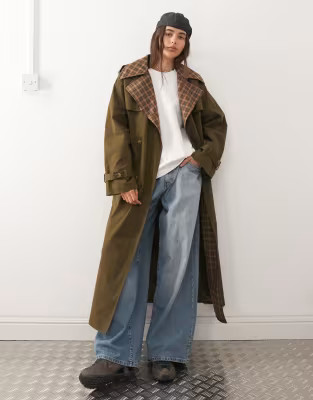 Reclaimed Vintage check lined trench coat with belt in khaki | ASOS (Global)