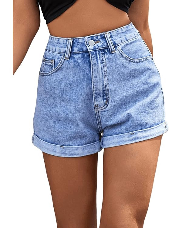 SweatyRocks Women's High Rise Roll Up Hem Straight Leg Denim Jean Shorts with Pocket | Amazon (US)